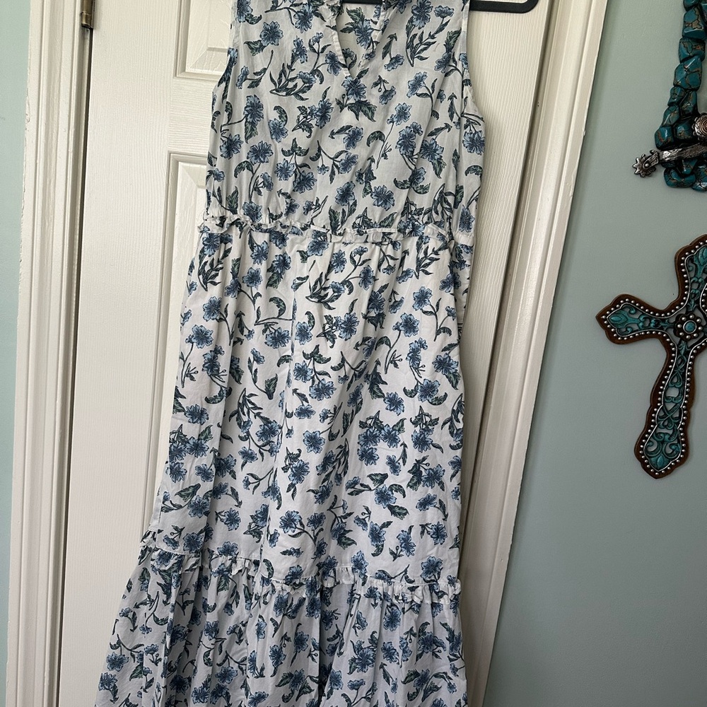 J. Crew White Maxi Dress with Blue Floral Print